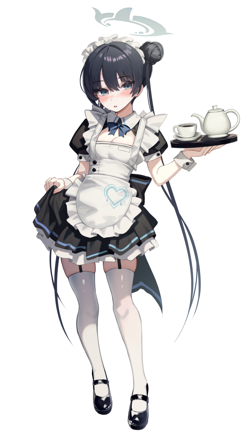 1girl absurdres alternate_costume apron black_dress black_garter_straps black_hair black_shoes blue_archive blush breasts cleavage cleavage_cutout clothing_cutout cup dress garter_straps gi_myeong_02 hair_between_eyes hair_bun hairband highres holding holding_tray kisaki_(blue_archive) long_hair looking_at_viewer maid maid_apron maid_headdress open_mouth shoes sidelocks skirt_hold solo teacup teapot thighhighs tray twintails white_apron white_hairband white_thighhighs wrist_cuffs