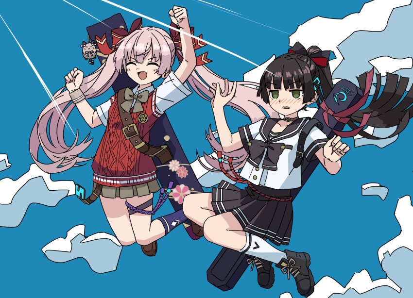 2girls black_hair blue_sky blunt_bangs cloud cloudy_sky green_eyes heaven_burns_red highres long_hair multiple_girls natsume_inori niboshi_917 ogasawara_hisame ponytail ribbon school_uniform serafuku shirt skirt sky socks sweater_vest twintails weapon_bag white_hair yellow_eyes