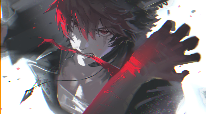 1boy amalgam4242 animal_ears black_choker black_hair black_jacket choker commentary dog_boy hashtag-only_commentary highres jacket komano_manato looking_at_viewer male_focus multicolored_hair partially_open_jacket pectoral_cleavage pectorals red_bandage red_eyes red_hair scar scar_across_eye scar_on_face shirt short_hair simple_background solo teeth white_background white_shirt zenless_zone_zero