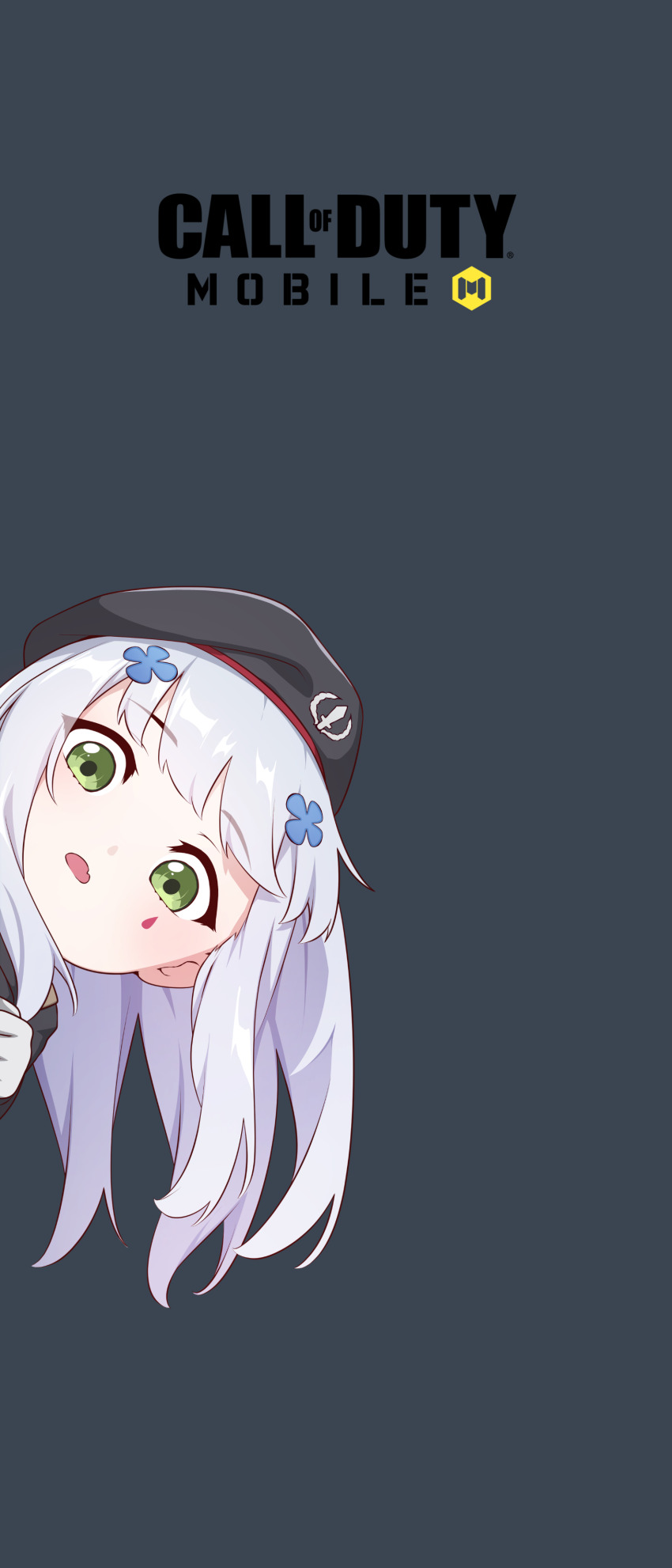 1girl absurdres beret blunt_bangs call_of_duty call_of_duty:_mobile chibi copyright_name cosplay cross cross_patty facial_mark girls&#039;_frontline green_eyes grey_hat hair_ornament hat highres hk416_(girls&#039;_frontline) hk416_(girls&#039;_frontline)_(cosplay) kestrel_(call_of_duty:_mobile) logo long_hair narchiart peeking portrait solo tagme tattoo teardrop teardrop_facial_mark teardrop_tattoo