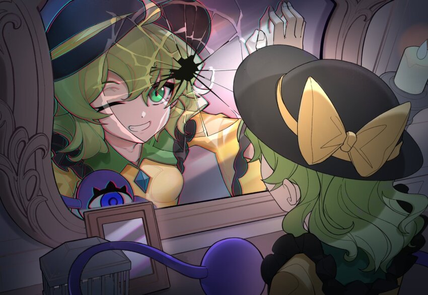 1girl black_hat blouse bow buttons devilkillerx diamond_button eyeball frilled_shirt_collar frilled_sleeves frills green_hair green_skirt hat hat_bow hat_ribbon heart heart_of_string komeiji_koishi mirror ribbon shirt skirt solo third_eye touhou touhou_lost_branch_of_legend wide_sleeves yellow_bow yellow_ribbon yellow_shirt