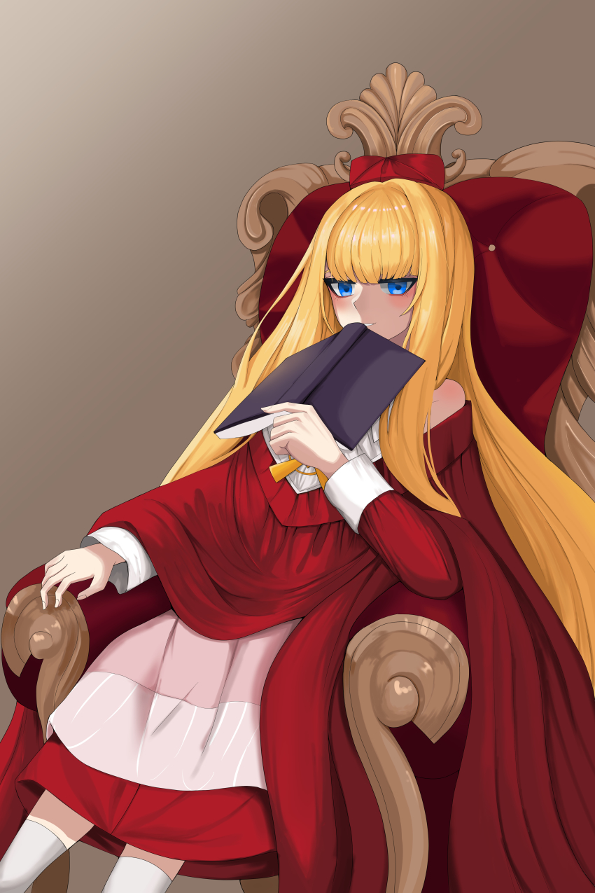 1girl absurdres biretta blonde_hair blue_eyes blush book cardinal_armand chair dress highres last_origin looking_at_viewer minji_(jimin10804) red_dress sitting smile solo