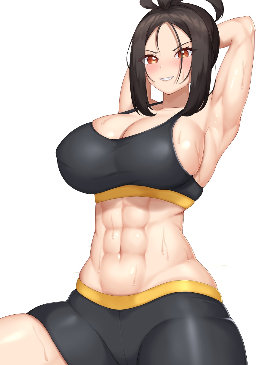 1girl abs absurdres armpits arms_behind_head bike_shorts black_hair black_shorts black_sports_bra breasts brown_eyes cleavage commentary_request dendra_(pokemon) game_freak highres large_breasts looking_at_viewer navel nintendo parted_bangs parted_lips pokemon pokemon_sv sharen shorts sideboob smile solo sports_bra sweat toned white_background