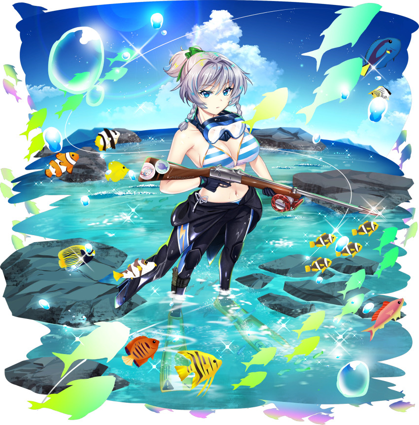 1girl alternate_costume alternate_hairstyle animal_print bikini bikini_top_only black_wetsuit blue_bikini blue_eyes blue_sky bodysuit bodysuit_around_waist bow braid breasts character_print cleavage cloud clownfish day diving_suit fish fish_print fish_request flippers game_cg glint goggles goggles_around_neck grey_hair hairstyle_request harpoon harpoon_gun highres izayoi_sakuya knife lens_flare lightning_bolt_symbol navel official_art outdoors remilia_scarlet rock rotte_(1109) sky solo sparkle striped_bikini striped_clothes swimsuit third-party_source touhou touhou_lostword transparent_background twin_braids wading waves wetsuit white_bikini