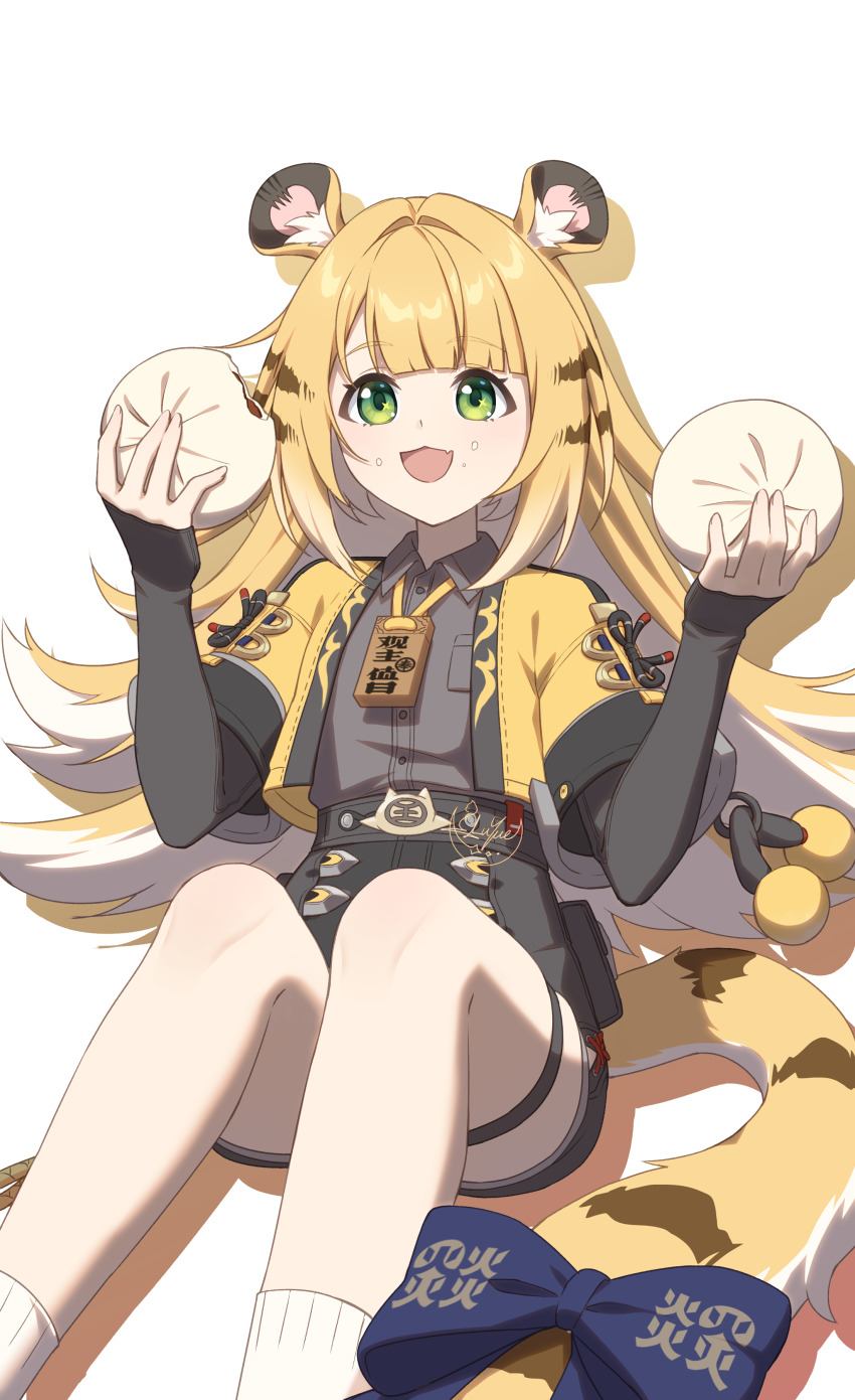 1girl absurdres animal_ear_fluff animal_ears artist_name black_shirt black_shorts blonde_hair bow collared_shirt colored_inner_hair fang feet_out_of_frame food green_eyes grey_hair highres holding holding_food jacket ju_fufu long_hair luyue mantou multicolored_hair open_clothes open_jacket open_mouth shirt short-sleeved_jacket short_sleeves shorts simple_background skin_fang socks solo tail tail_bow tail_ornament tiger_ears tiger_girl tiger_stripes tiger_tail white_background white_socks yellow_jacket zenless_zone_zero