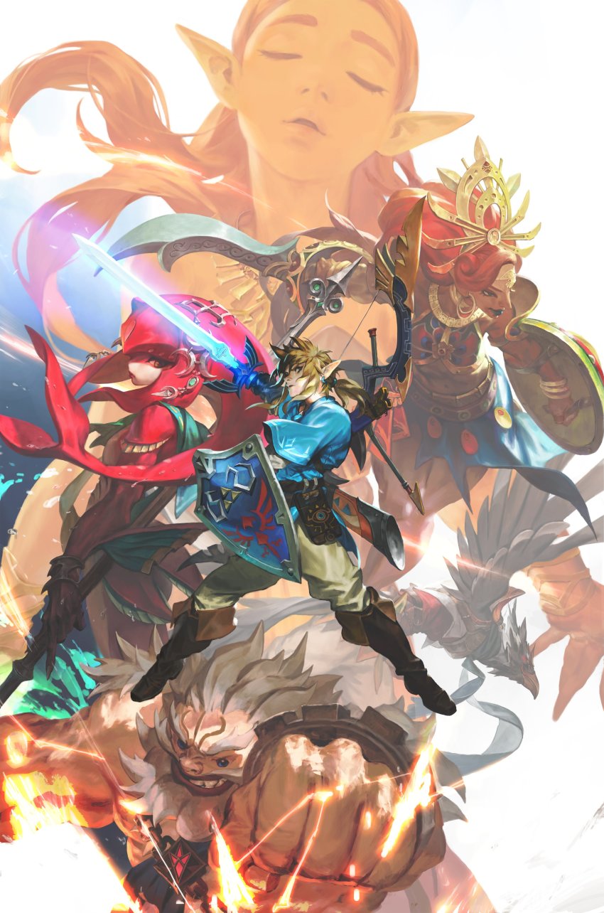 3boys 3girls absurdres beak beard blonde_hair boots bow_(weapon) bracelet clenched_hand clenched_teeth closed_eyes colored_skin commentary dark_skin daruk facial_hair fins gerudo goron head_fins highres hylian_shield jewelry korean_commentary link master_sword mipha multiple_boys multiple_girls muscular nintendo parted_lips pointy_ears polearm princess_zelda punching quiver red_hair red_skin revali rito scabbard sheath sheikah_slate shield sword teeth the_legend_of_zelda the_legend_of_zelda:_breath_of_the_wild tiara urbosa wan_young_yun weapon wings zora