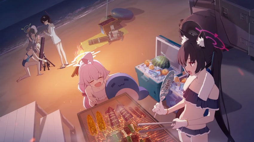 5girls animal_ears ayane_(blue_archive) bad_link beach blue_archive cat_ears competition_swimsuit cooking cooler food fruit game_cg gatling_gun grill grilling hand_fan highres holding holding_fan hoshino_(blue_archive) hoshino_(swimsuit)_(blue_archive) mortar_(weapon) multiple_girls night nonomi_(blue_archive) nonomi_(swimsuit)_(blue_archive) official_art one-piece_swimsuit paper_fan serika_(blue_archive) shiroko_(blue_archive) swimsuit tube twintails watermelon