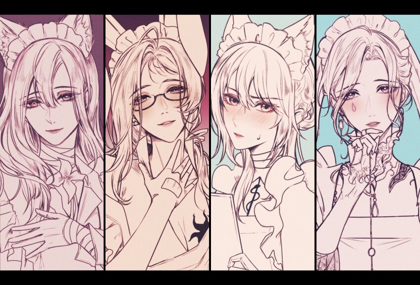 4girls angon623 animal_ear_fluff animal_ears apron black_border blush border breast_tattoo breasts cleavage collarbone earrings forehead frilled_cuffs glasses glove_cutout gradient_background hair_between_eyes half_updo heterochromia highres jelena_(path_to_nowhere) jewelry kemonomimi_mode letterboxed lips long_hair looking_at_viewer maid maid_apron maid_headdress moore_(path_to_nowhere) multiple_girls neck_flower nightingale_(path_to_nowhere) path_to_nowhere semi-rimless_eyewear shalom_(path_to_nowhere) smile sweatdrop symbol-shaped_pupils tattoo teardrop_facial_mark triangle-shaped_pupils triangle_earrings updo upper_body