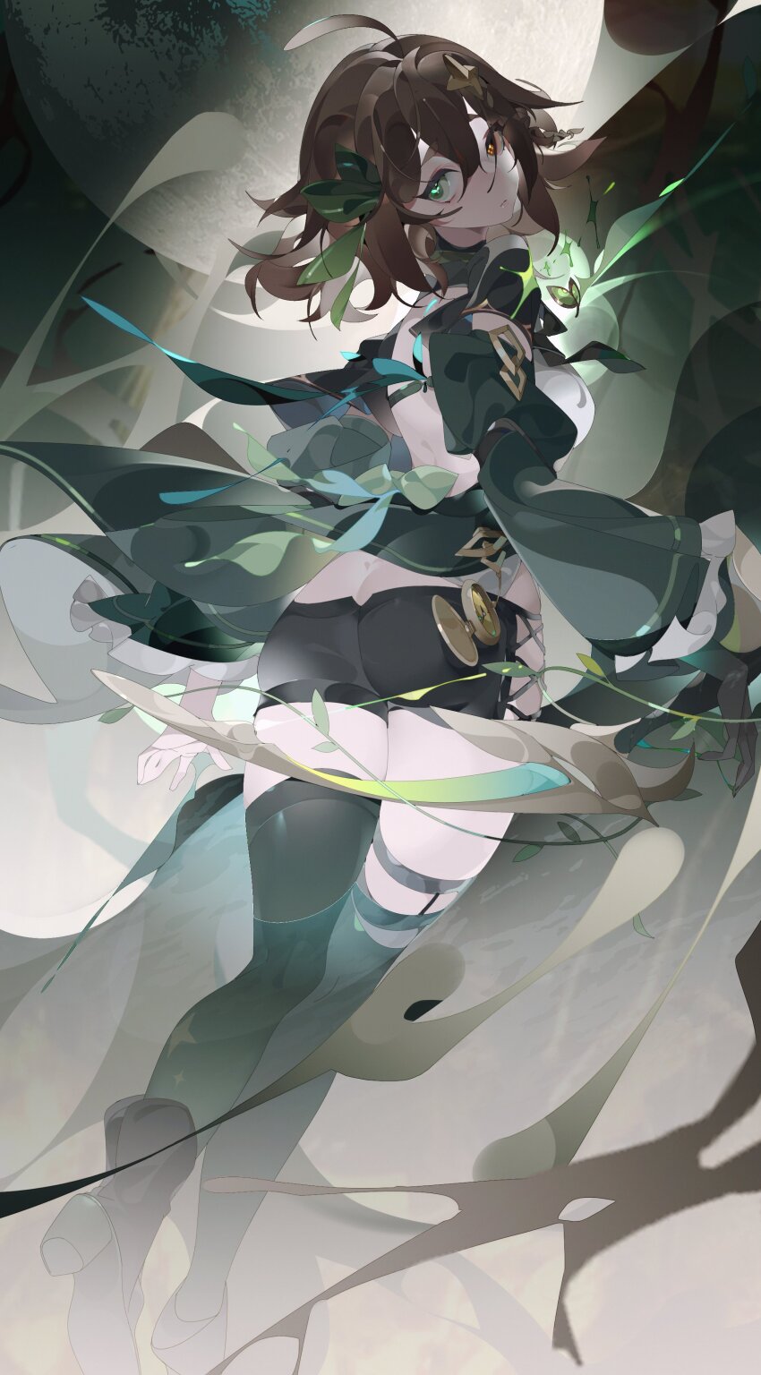 1girl absurdres ahoge ankle_boots asymmetrical_legwear back_bow black_boots black_shorts black_thighhighs boots bow bow_(weapon) braid brown_eyes brown_hair commentary_request compass cross-laced_clothes cross-laced_shorts cross-shaped_pupils detached_sleeves dress floating_clothes floating_hair frilled_sleeves frills from_behind full_body green_bow green_dress green_eyes green_sleeves hair_between_eyes hair_bow hair_flaps hair_ornament half_capelet heterochromia high_heel_boots high_heels highres holding holding_bow_(weapon) holding_weapon indie_virtual_youtuber leaf long_sleeves looking_at_viewer looking_back medium_hair meica_(vtuber) meica_(vtuber)_(1st_costume) mismatched_pupils moon over-kneehighs plant puffy_long_sleeves puffy_sleeves rairyu_(samurai996007) second-party_source shirt shorts single_braid single_over-kneehigh single_thighhigh solo spanish_commentary sprout-shaped_pupils star_(symbol) star_hair_ornament symbol-shaped_pupils thigh_strap thighhighs uneven_legwear vines virtual_youtuber weapon white_shirt wide_sleeves