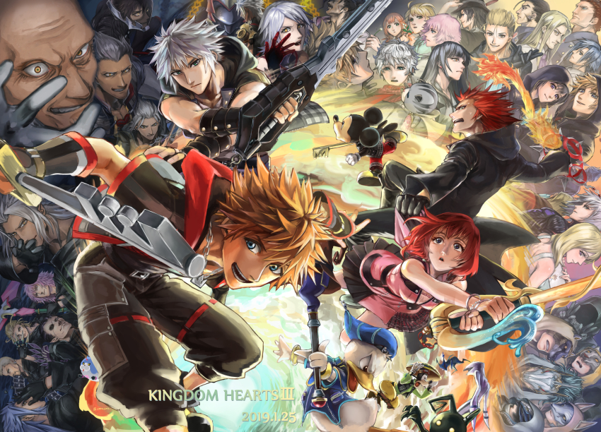 2019 6+girls absurdres aced_(kingdom_hearts) ansem_seeker_of_darkness ansem_the_wise aqua_(kingdom_hearts) armor ava_(kingdom_hearts) axel_(kingdom_hearts) bald beard black_coat black_coat_(kingdom_hearts) black_hair blaine_(kingdom_hearts) blonde_hair blue_eyes blue_hair bracelet broken_mask cannelle_(sword_girls) chirithy coat comcannele dark-skinned_female dark_skin dated demyx donald_duck dream_eater_(kingdom_hearts) elrena ephemer_(kingdom_hearts) everyone evil_smile eyepatch facial_hair goofy gula_(kingdom_hearts) hat heartless highres hood hood_up hoodie invi_(kingdom_hearts) ira_(kingdom_hearts) jewelry kairi_(kingdom_hearts) keyblade kingdom_hearts kingdom_hearts_iii kingdom_hearts_unchained_x kingdom_hearts_x kingdom_hearts_x_back_cover larxene lauriam lexaeus looking_at_viewer luxord luxu_(kingdom_hearts) marluxia mask master_eraqus master_of_masters master_xehanort mickey_mouse multiple_girls multiple_persona namine necklace nobody_(kingdom_hearts) pink_hair red_hair riku_(kingdom_hearts) riku_replica roxas saix shaded_face shield skuld_(kingdom_hearts) smile sora_(kingdom_hearts) spiked_hair staff strelitzia_(kingdom_hearts) terra_(kingdom_hearts) unversed vanitas_(kingdom_hearts) ventus_(kingdom_hearts) vexen weapon white_hair xaldin xehanort xemnas xigbar xion_(kingdom_hearts) yellow_eyes zexion zipper zipper_pull_tab