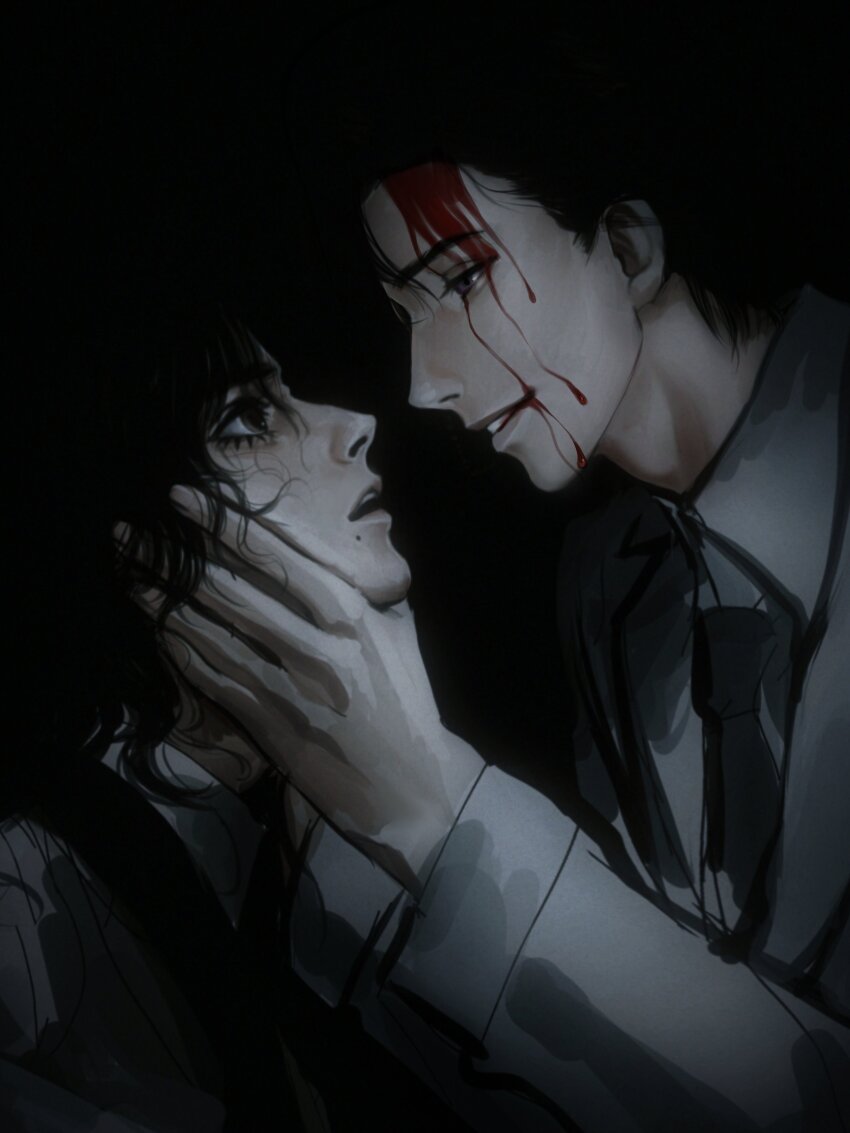 2boys absurdres black_background black_hair blood blood_on_face brown_hair eye_contact face-to-face grabbing_another&#039;s_chin hand_on_another&#039;s_chin hand_on_another&#039;s_face highres identity_v long_hair looking_at_another mole multiple_boys orpheus_(identity_v) qiu_shandai_jiayang_shu richard_sterling short_hair smile surprised wide-eyed