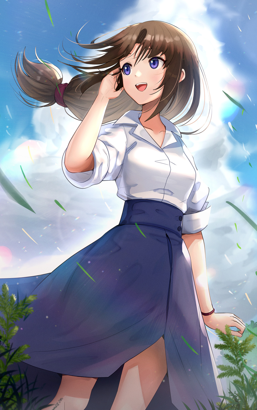 1girl absurdres blue_eyes blue_skirt blue_sky bracelet brown_hair cloud cloudy_sky day famicom_tantei_club gonzarez highres jewelry long_hair open_mouth plant ponytail shirt skirt sky smile solo tachibana_ayumi white_shirt