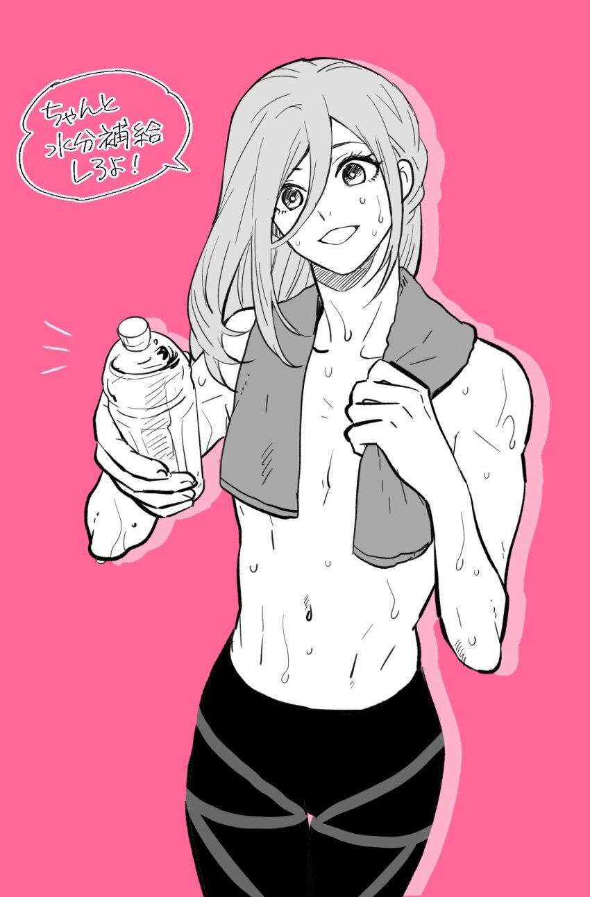 1boy blue_lock blue_lock_bodysuit bottle chigiri_hyoma greyscale_with_colored_background hair_between_eyes highres long_hair male_focus mizuhara_aki navel pants pink_background smile solo speech_bubble standing sweat teeth topless_male towel towel_around_neck translation_request