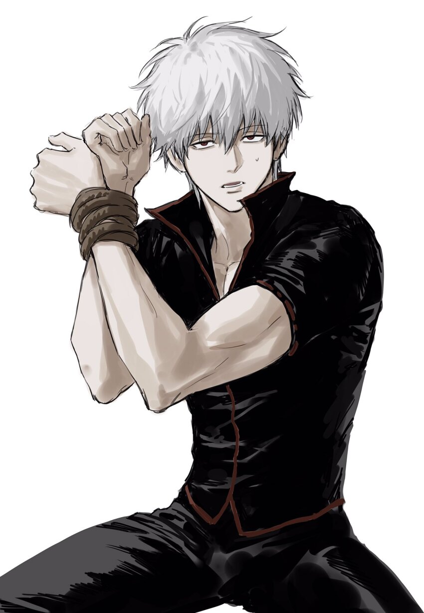 1boy bound bound_wrists gintama highres lower_teeth_only male_focus pale_skin pants sakata_gintoki sanpaku shirt solo sso_s teeth white_background white_hair