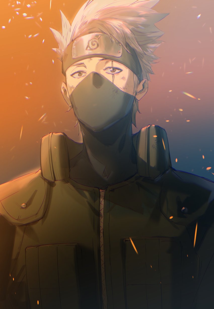 1boy absurdres ashorz black_mask commentary covered_mouth embers green_eyes hatake_kakashi headband highres lens_flare looking_at_viewer male_focus naruto_(classic) naruto_(series) scar scar_across_eye scar_on_face short_hair sidelocks silver_hair solo spiked_hair straight-on upper_body zipper