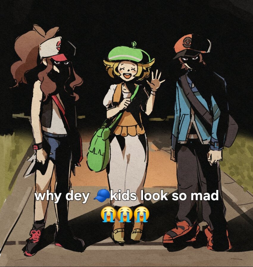 1boy 2girls :d bag beret bianca_(pokemon) black_vest boots brown_hair caption closed_eyes commentary dress emoji exposed_pocket face_in_shadow facing_viewer grass green_hat hat highres hilbert_(pokemon) hilda_(pokemon) holding_strap jacket long_hair long_sleeves meme miiyokoe multiple_girls night nintendo open_clothes open_mouth open_vest orange_vest outdoors pants pokemon pokemon_bw shirt shoes short_sleeves shorts shoulder_bag sidelocks sleeveless sleeveless_shirt smile standing teeth upper_teeth_only vest waving white_dress white_shirt why_dis_ninja_look_so_mad_(meme)