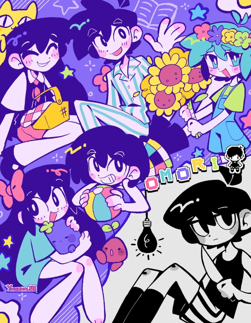 2girls 4boys :d ^_^ antenna_hair aqua_dress aqua_eyes aqua_hair artist_name aubrey_(headspace)_(omori) aubrey_(omori) ball bare_arms bare_shoulders barefoot basil_(headspace)_(omori) basil_(omori) basket beachball big_yellow_cat_(omori) black_eyes black_hair black_socks black_tank_top blue_overalls bow bright_pupils brother_and_sister brothers buttons checkered_clothes closed_eyes closed_mouth colored_skin commentary double-parted_bangs dress empty_eyes english_commentary flower green_flower green_shirt grin hair_behind_ear hair_between_eyes hair_bow hero_(headspace)_(omori) hero_(omori) highres holding holding_ball holding_beachball holding_flower holding_knife holding_stuffed_toy kel_(headspace)_(omori) kel_(omori) kneehighs knees_up knife light_bulb long_hair long_sleeves looking_at_viewer mari_(headspace)_(omori) mari_(omori) miniskirt mr._plantegg_(omori) multiple_boys multiple_girls neckerchief no_pupils official_art_inset omori omori_(omori) open_mouth overall_shorts overalls pajamas picnic_basket pink_bow pink_flower purple_eyes purple_flower purple_footwear purple_hair purple_shorts purple_sweater_vest red_neckerchief red_skirt shirt short_hair short_sleeves shorts siblings simple_background sitting skirt smile socks sparkle sprout_mole star_(symbol) striped_clothes striped_shorts stuffed_eggplant stuffed_toy sunflower sweater_vest tank_top vertical-striped_clothes vertical-striped_shorts waving white_pupils white_shirt white_shorts white_skin yanana_ua yellow_flower