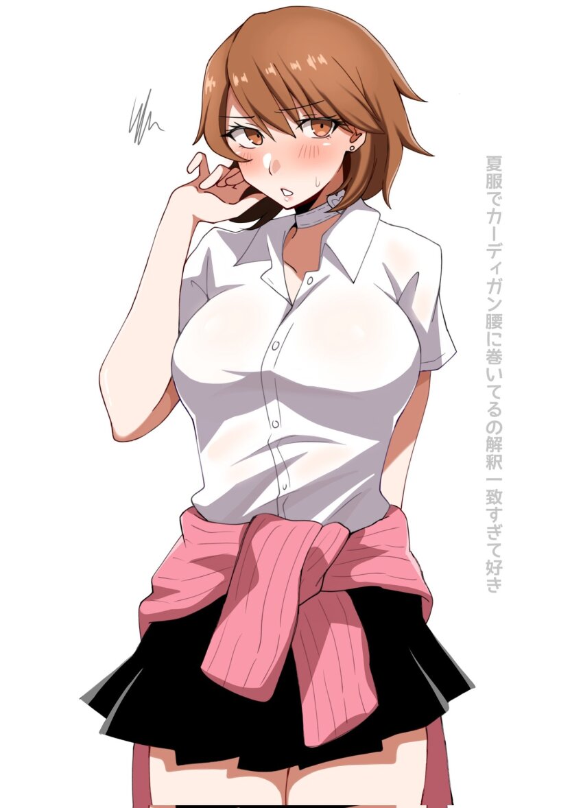 1girl arm_behind_back black_skirt blush breasts brown_eyes brown_hair buttons cardigan cardigan_around_waist choker clothes_around_waist collarbone collared_shirt commentary_request cowboy_shot earrings flipped_hair gekkoukan_high_school_uniform hand_up heart heart_choker highres jewelry large_breasts looking_at_viewer maz_515 miniskirt parted_lips persona persona_3 pink_cardigan pink_lips pleated_skirt ribbed_cardigan school_uniform see-through_clothes see-through_shirt shirt short_hair short_sleeves simple_background skirt solo squiggle stud_earrings summer_uniform sweatdrop takeba_yukari translation_request white_background white_choker white_shirt
