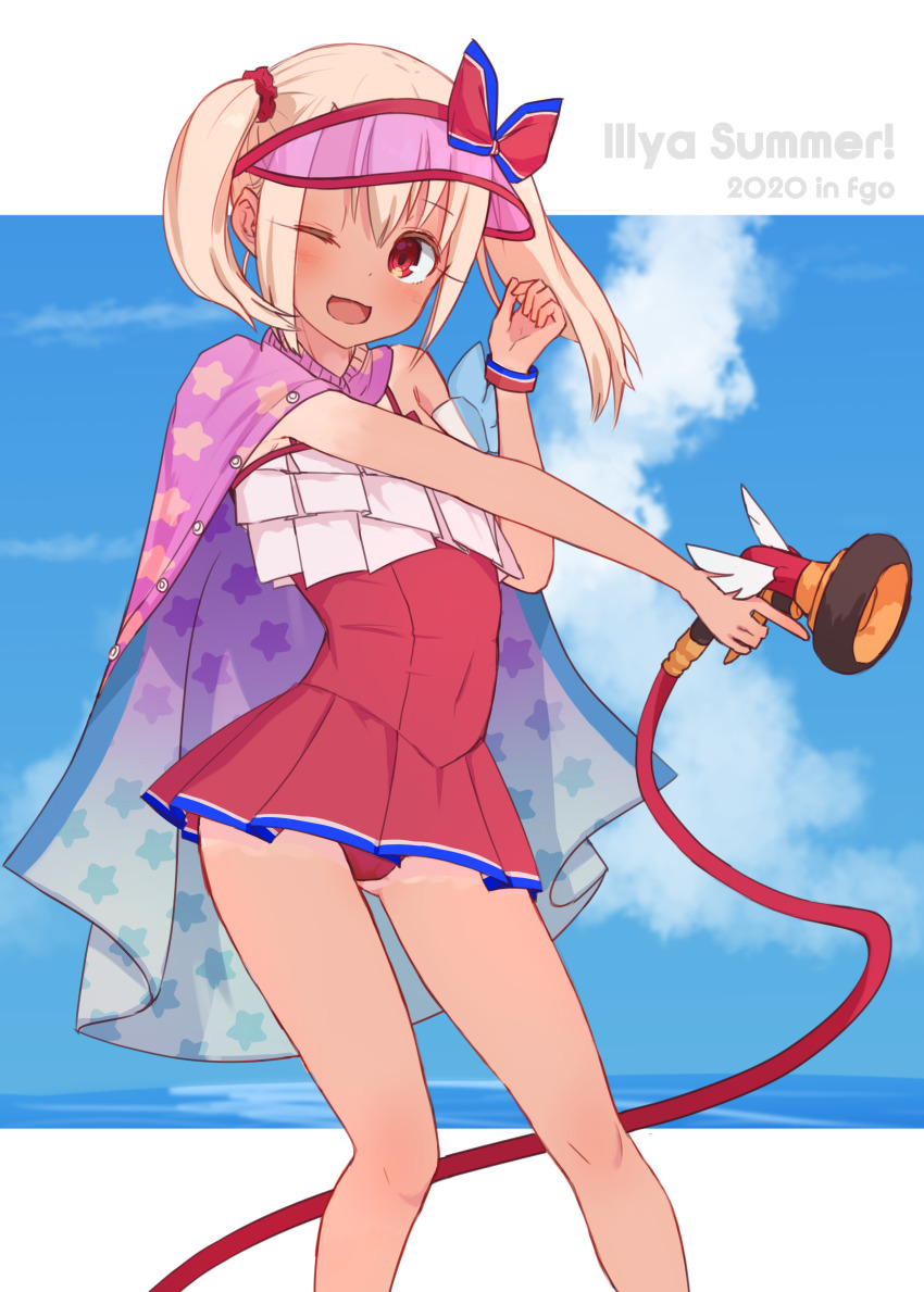 1girl ;d absurdres blue_sky blush breasts cape dress_swimsuit fate/grand_order fate_(series) highres hose illyasviel_von_einzbern illyasviel_von_einzbern_(swimsuit_archer) illyasviel_von_einzbern_(swimsuit_archer)_(second_ascension) kopaka_(karda_nui) long_hair looking_at_viewer magical_ruby magical_ruby_(hose) ocean one-piece_swimsuit one_eye_closed open_mouth red_eyes red_one-piece_swimsuit sky small_breasts smile swimsuit tan thighs twintails visor_cap white_hair