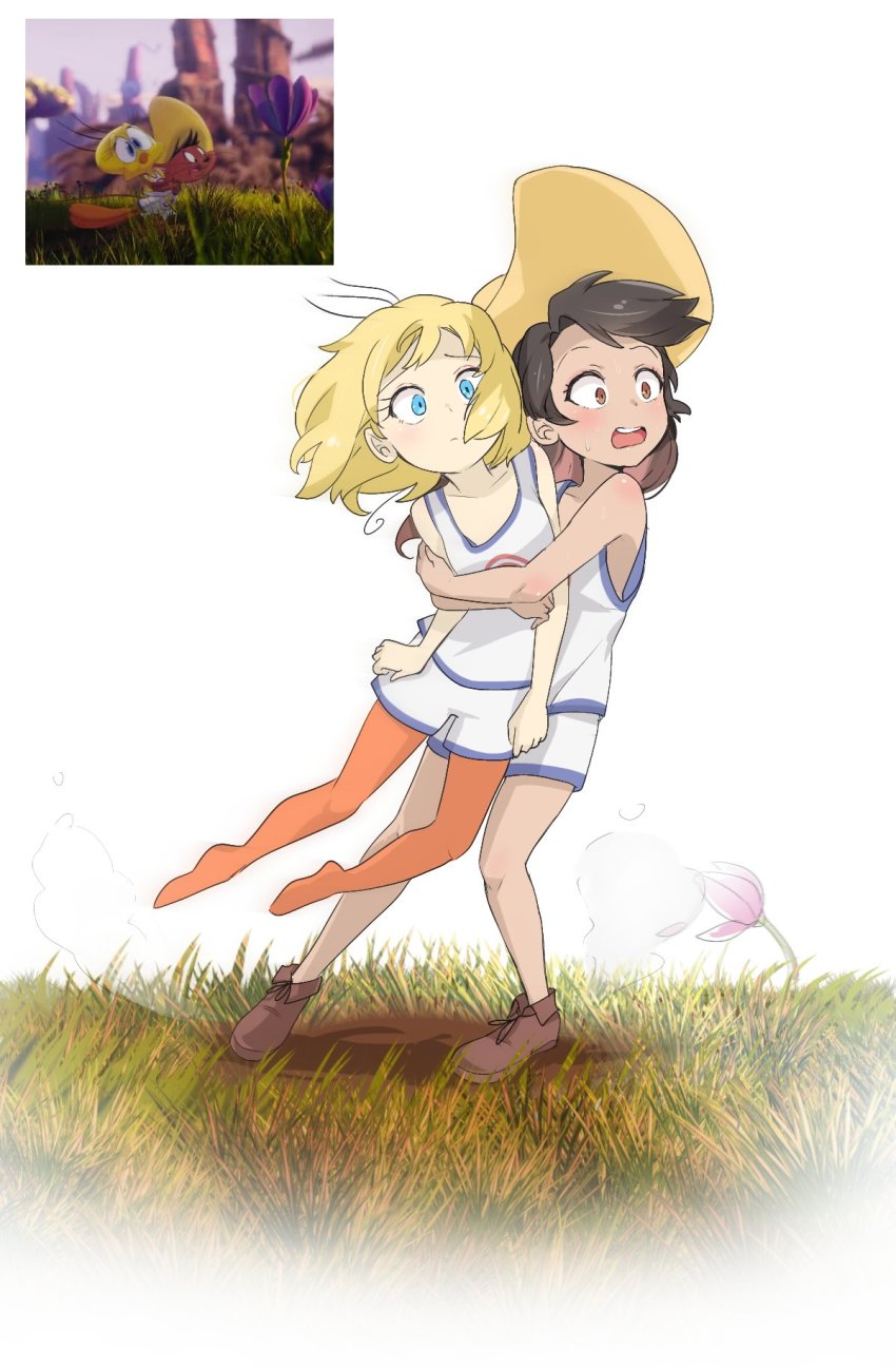 2boys 2girls basketball_uniform bird black_hair blonde_hair blue_eyes brown_eyes genderswap genderswap_(mtf) hat highres himuhino hug humanization looney_tunes mouse_(animal) multiple_boys multiple_girls photo_inset reference_inset sombrero space_jam:_a_new_legacy speedy_gonzales sportswear tweety_bird