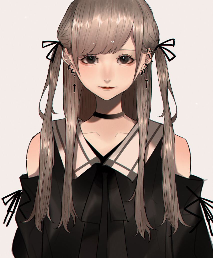 1girl absurdres aegyo_sal bare_shoulders black_choker black_dress black_eyes black_ribbon brown_hair choker collarbone commentary_request cross cross_earrings dress earrings eyelashes grey_background hair_ribbon highres jewelry latin_cross light_smile long_hair looking_at_viewer mano_aaa original red_lips ribbon simple_background solo swept_bangs two_side_up upper_body
