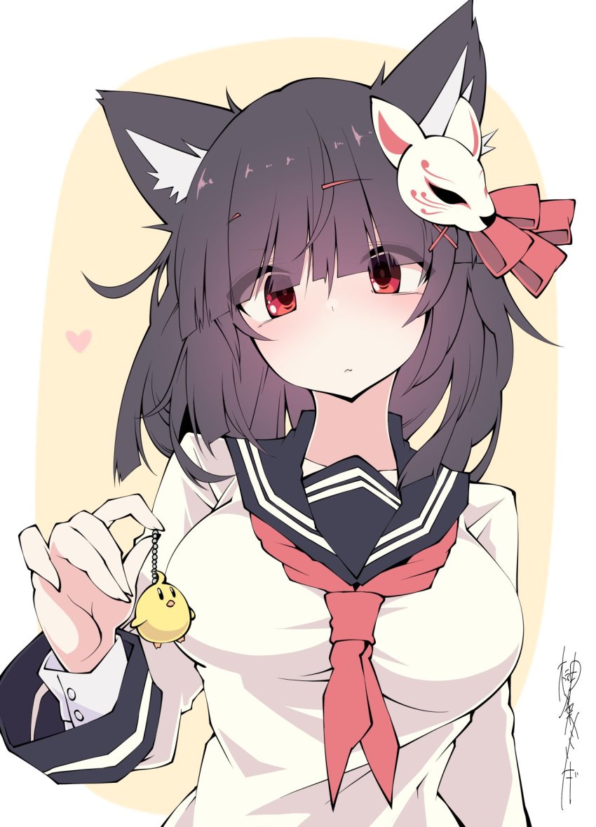 1girl alternate_costume animal_ears azur_lane baby_animal bird black_hair breasts cat_ears charm_(object) chick closed_mouth eyes_visible_through_hair female_focus fox_mask hair_ornament heart highres large_breasts long_sleeves manjuu_(azur_lane) mask mask_on_head medium_hair neckerchief red_eyes red_neckerchief sailor_collar sakakiba_misogi school_uniform serafuku signature simple_background solo upper_body yamashiro_(azur_lane) yamashiro_(street_corner_offensive!)_(azur_lane)