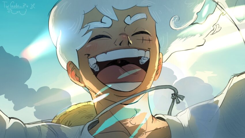 1boy ^_^ blue_sky close-up closed_eyes commentary gear_fifth hagoromo hat male_focus monkey_d._luffy one_piece open_mouth scar scar_on_face shawl shirt short_hair sky solo straw_hat sunrise thick_eyebrows twgabi_zk white_hair white_shirt