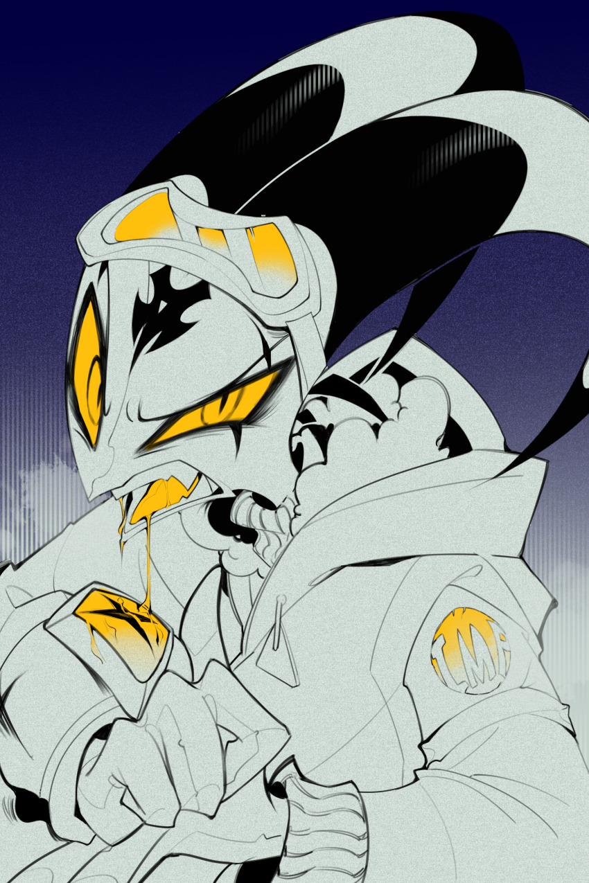 1boy absurdres blitzo_(helluva_boss) colored_sclera demon_boy demon_horns diamond_(gemstone) fangs goggles goggles_on_head helluva_boss highres hood hooded_jacket horns jacket looking_at_viewer saliva slit_pupils solo spot_color yellow_eyes yellow_sclera zhu_xing_pupupu