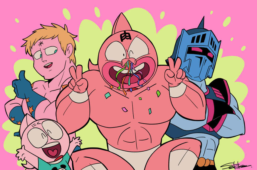 4boys alexandria_meat anniversary armor artist_request black_hair blonde_hair blue_gloves gloves grin happy helmet kinniku_suguru kinnikuman kinnikuman_(character) large_pectorals looking_at_viewer looking_to_the_side manly multiple_boys one_eye_closed open_mouth pectorals red_eyes robin_mask short_hair smile standing terryman v very_short_hair wink wrestling wrestling_mask wrestling_outfit