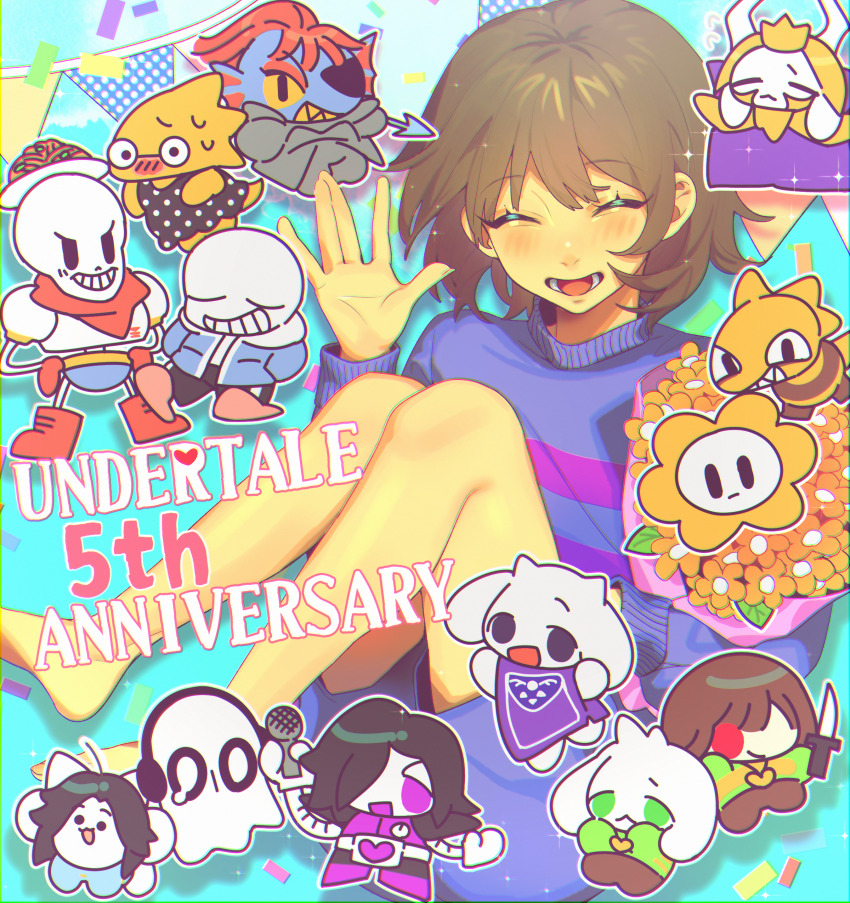 3girls 3others 5boys :d \||/ ^_^ absurdres aegyo_sal alphys anniversary aqua_background asgore_dreemurr asriel_dreemurr bare_legs barefoot blue_shorts blue_sweater bob_cut bouquet brothers brown_hair chara_(undertale) chibi chibi_inset chromatic_aberration closed_eyes colored_skin commentary_request confetti copyright_name cousins elbow_carry facing_viewer father_and_son flower flowey_(undertale) food frisk_(undertale) grin hair_between_eyes hand_up headphones heart highres holding holding_bouquet holding_microphone knees_up leaf looking_at_viewer lower_teeth_only mettaton mettaton_ex microphone monster_kid_(undertale) mother_and_son multiple_boys multiple_girls multiple_others napstablook open_mouth outline papyrus_(undertale) pasta plate purple_sweater sans_(undertale) se_(hanahide) short_hair shorts siblings simple_background skeleton smile solo_focus spaghetti sparkle striped_clothes striped_sweater sweat sweater teeth temmie tongue toriel two-tone_sweater undertale undyne waving white_outline yellow_flower yellow_skin
