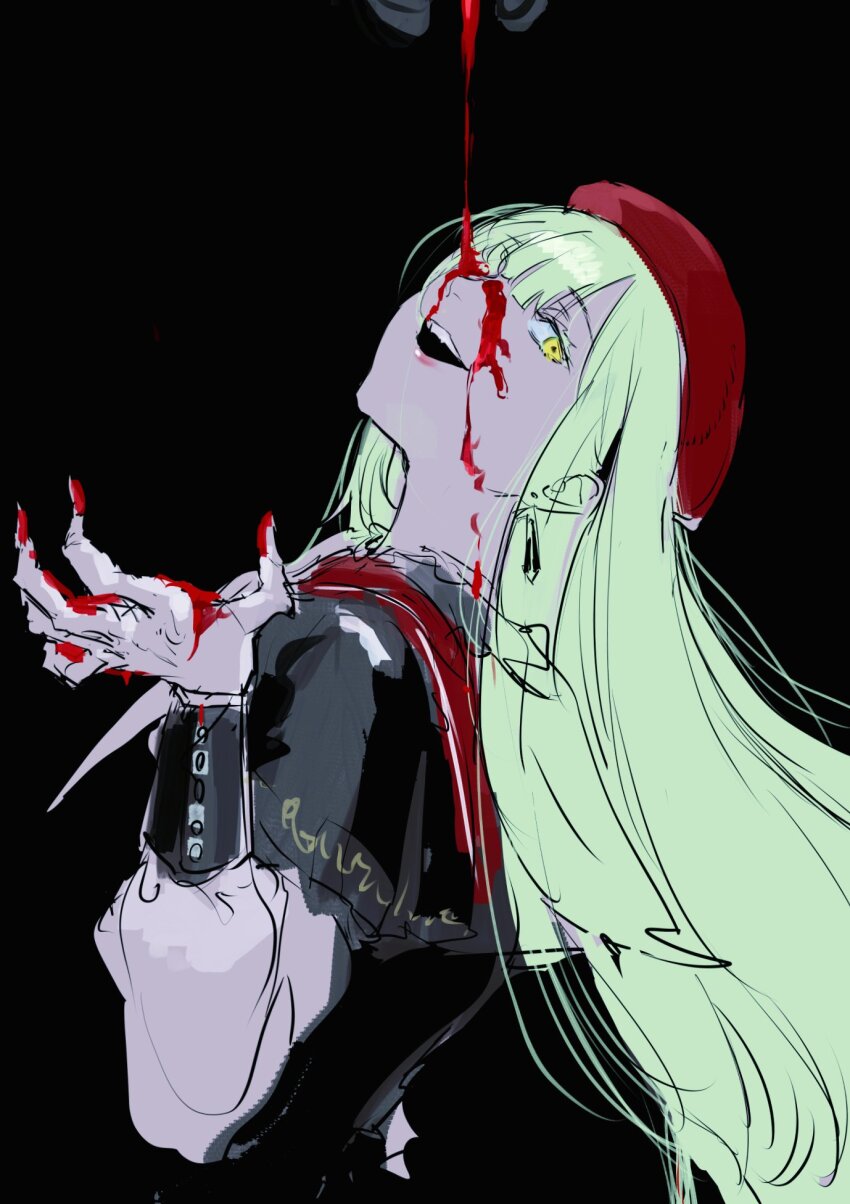 1girl bang_dream! bang_dream!_it&#039;s_mygo!!!!! beret black_background black_capelet blood blood_on_face blood_on_hands capelet commentary_request earrings from_side green_hair hand_up hat head_tilt highres jewelry long_hair long_sleeves looking_at_viewer looking_back mortis_(bang_dream!) mortis_(costume)_(bang_dream!) mortis_(persona)_(bang_dream!) open_mouth osakana_(denpa_yun&#039;yun) red_hat simple_background solo upper_body wakaba_mutsumi yellow_eyes