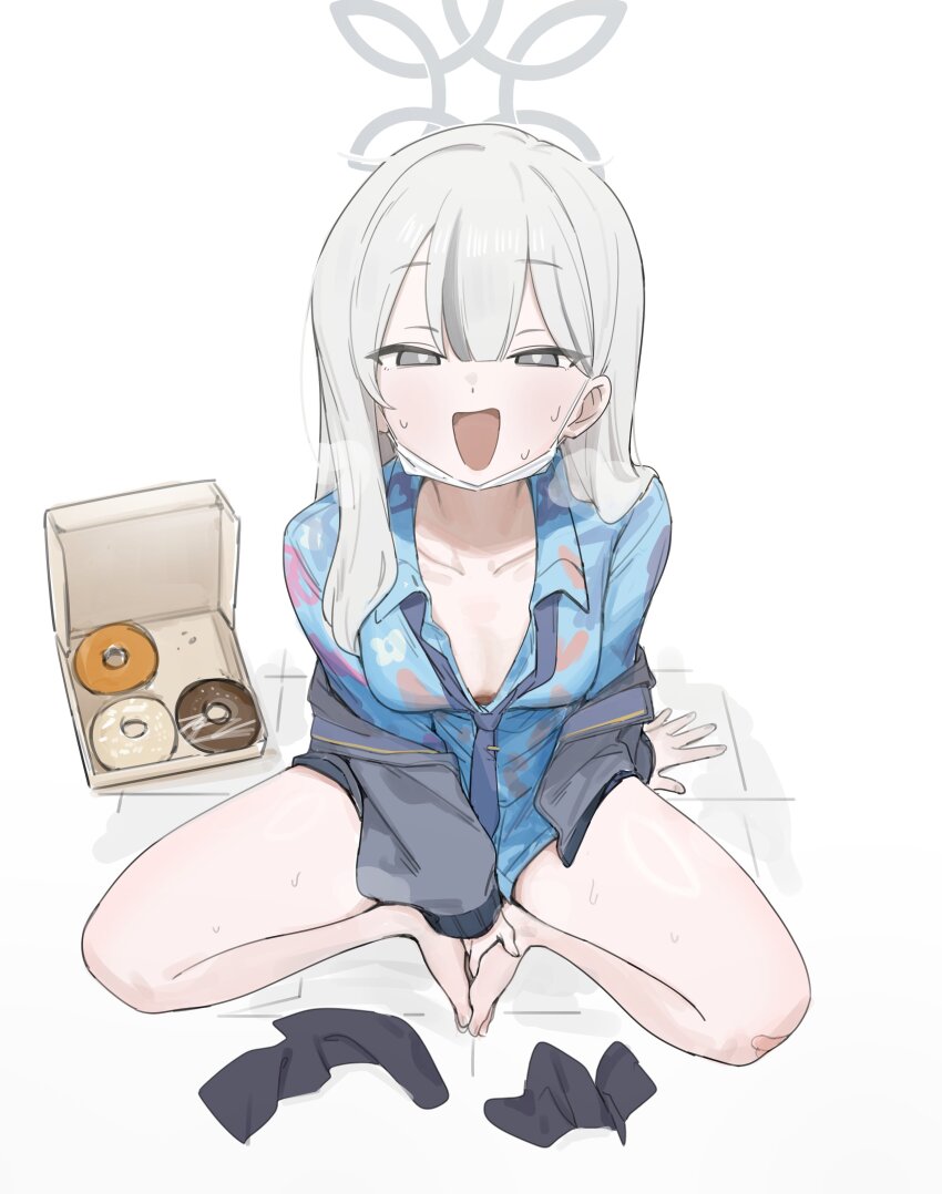 1girl absurdres barefoot black_socks blue_archive blue_necktie blue_shirt blush breasts collared_shirt commentary donut dydldidl food from_above grey_eyes grey_hair hair_between_eyes halo hawaiian_shirt highres jacket konoka_(blue_archive) long_hair long_sleeves looking_at_viewer mask mask_pull medium_breasts mouth_mask necktie off_shoulder open_clothes open_jacket open_mouth pastry_box shirt simple_background sitting socks solo symbol-only_commentary unworn_socks white_background white_mask