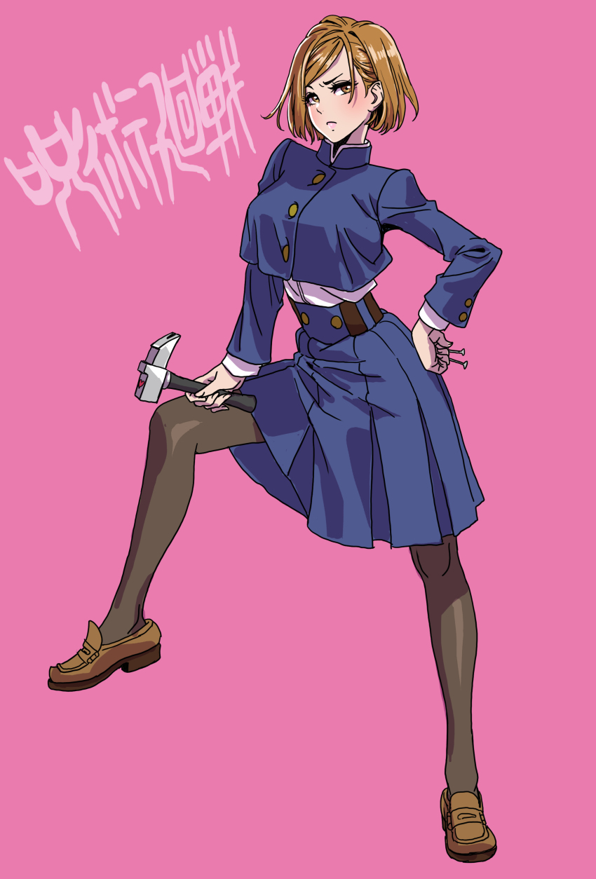 1girl absurdres blush breasts brown_eyes brown_hair frown hand_on_own_hip highres holding holding_nail jujutsu_kaisen kugisaki_nobara leg_up looking_to_the_side medium_breasts nail nail_(hardware) pantyhose pink_background short_hair solo yamashita_shun&#039;ya