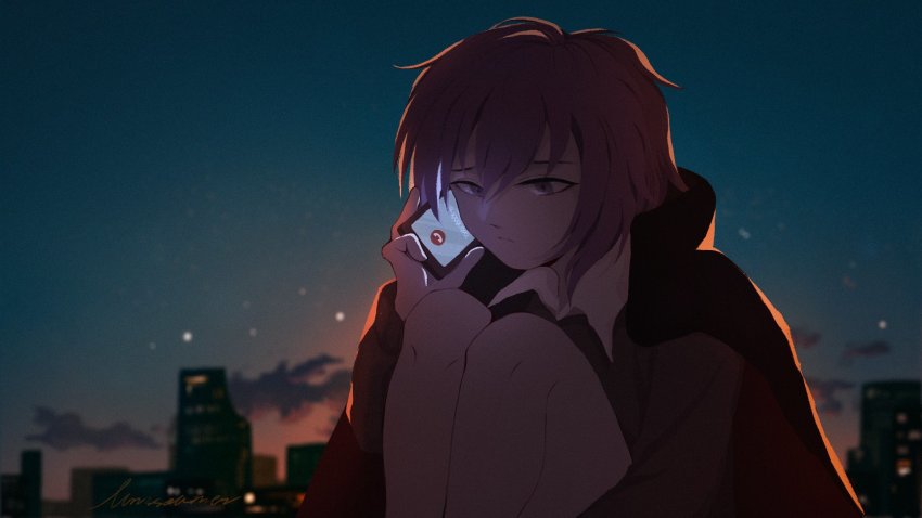 1girl black_coat blue_sky cellphone city closed_mouth cloud coat collared_shirt commentary_request cookie_(touhou) expressionless feet_out_of_frame geru_futota hair_between_eyes highres holding holding_phone hotaru_kago knees_to_chest looking_at_viewer outdoors phone purple_eyes purple_hair remilia_scarlet shirt short_hair signature sky smartphone solo sunset touhou white_shirt