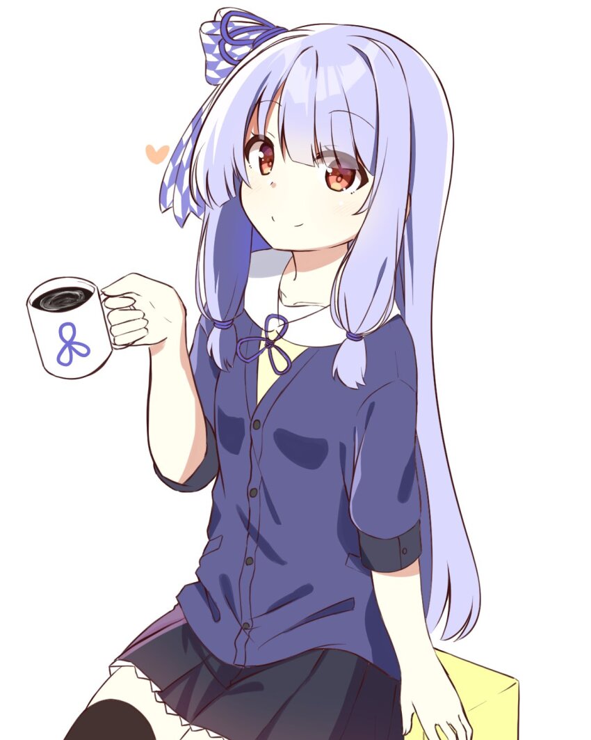 1girl :d alternate_costume black_skirt black_sleeve_cuffs black_thighhighs blue_hair blue_jacket blue_ribbon blunt_bangs chaakusu closed_mouth coffee_mug contrast_collar cowboy_shot cup frilled_skirt frills hair_intakes hair_ribbon heart highres holding holding_cup jacket kotonoha_aoi long_hair looking_at_viewer low-tied_sidelocks mug open_mouth pleated_skirt print_mug print_ribbon red_eyes ribbon sailor_collar sailor_shirt shirt sidelocks simple_background sitting sitting_on_object skirt sleeve_cuffs smile solo thighhighs three-quarter_sleeves three_quarter_view voiceroid white_background white_sailor_collar yellow_shirt zettai_ryouiki