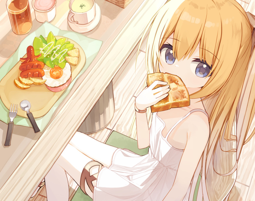 1girl bare_arms bare_shoulders blonde_hair blue_eyes bread_slice chair cup dress drink drinking_glass eating flower_girl_(yuuhagi_(amaretto-no-natsu)) food food_art fork fried_egg hair_between_eyes holding holding_food indoors long_hair on_chair original saucer sleeveless sleeveless_dress solo spoon table tako-san_wiener toast very_long_hair white_dress wooden_floor yuuhagi_(amaretto-no-natsu)