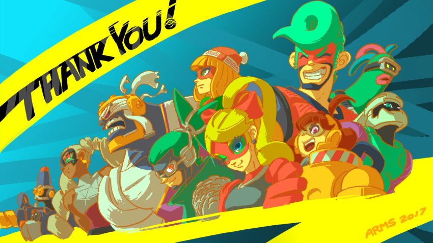 2017 4girls 6+boys ahoge arms_(game) barq black_skin blue_background blue_eyes blue_hair brown_hair byte_(arms) chain cobushii_(arms) colored_skin copyright_name dark_skin dna_man_(arms) domino_mask everyone goggles green_eyes grin highres kid_cobra looking_at_viewer mask master_mummy_(arms) mecha mechanica_(arms) min_min_(arms) monster_boy multiple_boys multiple_girls mummy ninjara_(arms) official_art official_wallpaper one_eye_closed open_mouth pink_eyes pompadour ponytail red_eyes ribbon_girl_(arms) robot simple_background slime_boy smile spring_man_(arms) thank_you twintails twintelle_(arms) yamamoto_yuu