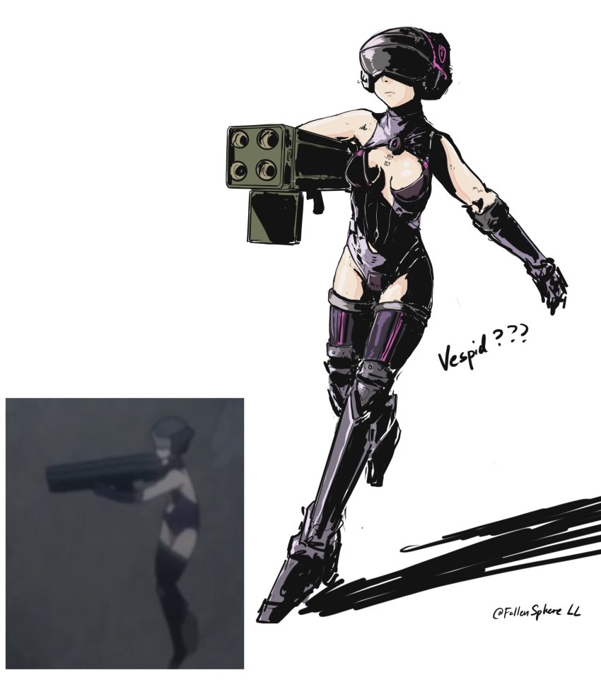 1girl character_name clothing_cutout commentary cursed_m4a1_(meme) english_commentary fallenspherell girls&#039;_frontline helmet highres holding holding_rocket_launcher holding_weapon m202_flash multiple-barrel_gun multishot_rocket_launcher reference_inset rocket_launcher shadow shirt simple_background sketch sleeveless sleeveless_shirt solo twitter_username vespid_(girls&#039;_frontline) weapon white_background