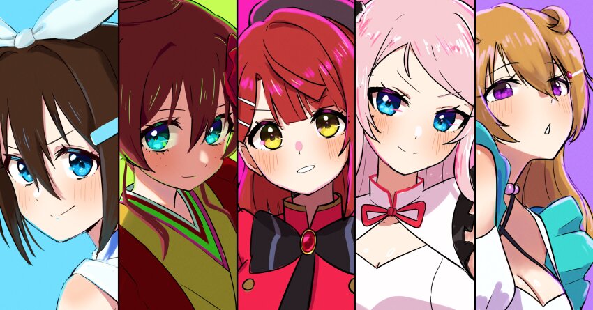 5girls absurdres bandeau beret black_bow black_bowtie black_hat blue_eyes blush bow bowtie breasts brown_hair buttons cara_tesoro cleavage cleavage_cutout closed_mouth clothing_cutout commentary daikuro_(adddaik) daydream_mermaid double-breasted dress emma_verde english_commentary freckles grin hair_between_eyes hair_bow hair_bun hair_horns hair_ornament hairclip hat highres japanese_clothes kimono konoe_kanata large_breasts long_hair looking_at_viewer love_live! love_live!_nijigasaki_high_school_idol_club love_live!_nijigasaki_high_school_idol_club_the_movie_-_finale mandarin_collar medium_hair mole mole_under_eye multiple_girls official_alternate_costume orange_hair osaka_shizuku parted_lips phoenix_(love_live!) pink_hair pink_shirt purple_eyes rise_up_high!_(love_live!) shirt short_hair_with_long_locks sidelocks single_hair_bun sleeveless sleeveless_dress smile split_mouth stellar_stream_(love_live!) strap_gap swept_bangs uehara_ayumu v-shaped_eyebrows white_bandeau white_bow white_dress yellow_eyes yellow_kimono zhong_lanzhu