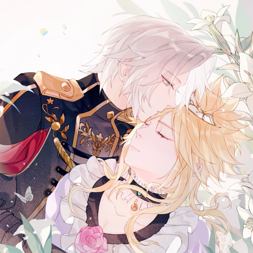 2boys aiguillette aqua_eyes black_choker black_jacket blonde_hair bug butterfly chinese_commentary choker closed_eyes cloud_strife cloud_strife_(ball_gown) commentary_request crossdressing dress dress_flower final_fantasy final_fantasy_vii final_fantasy_vii_ever_crisis final_fantasy_vii_remake floral_print flower frilled_choker frilled_dress frills grey_background grey_hair highres insect jacket kiss kissing_forehead leaf light_particles lily_(flower) long_hair looking_at_another looking_down male_focus military_jacket military_uniform multiple_boys pink_flower purple_dress sephiroth sephiroth_(shinra_formal_uniform) short_hair shoulder_boards spiked_hair tiara time_paradox upper_body white_flower wxdctc yaoi
