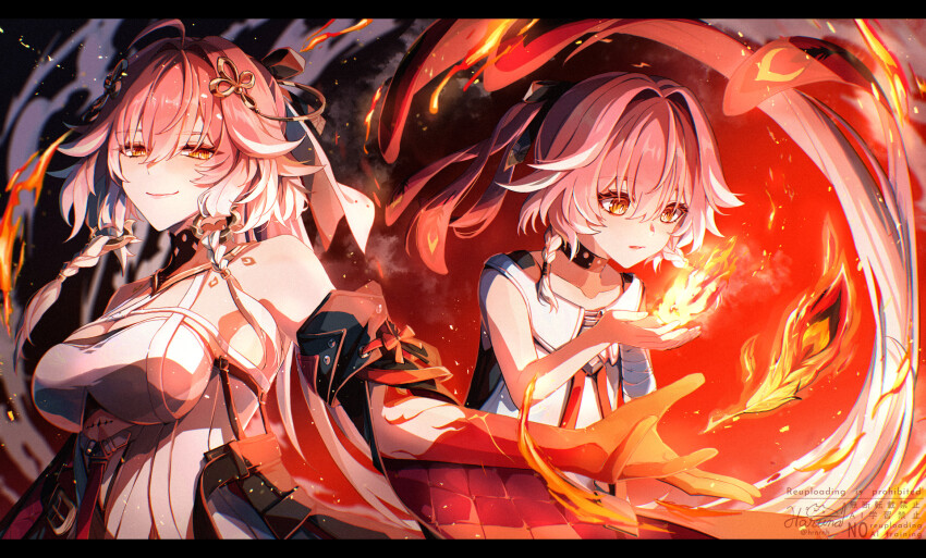 1girl age_comparison ahoge bandaged_arm bandages bare_shoulders black_bow black_choker black_collar black_jacket black_sleeves body_markings bow braid breasts changli_(wuthering_waves) choker closed_mouth collar collarbone colored_extremities commentary detached_sleeves dress feather_hair fire hair_bow hair_extensions hair_ornament haruna_(hrnrnh) highres jacket large_breasts long_hair looking_at_fire looking_at_viewer low_twin_braids multicolored_hair orange_eyes parted_lips pink_hair red_hands ring_hair_extensions short_sleeves smile tacet_mark_(wuthering_waves) twin_braids two-tone_hair very_long_hair white_dress white_hair wuthering_waves