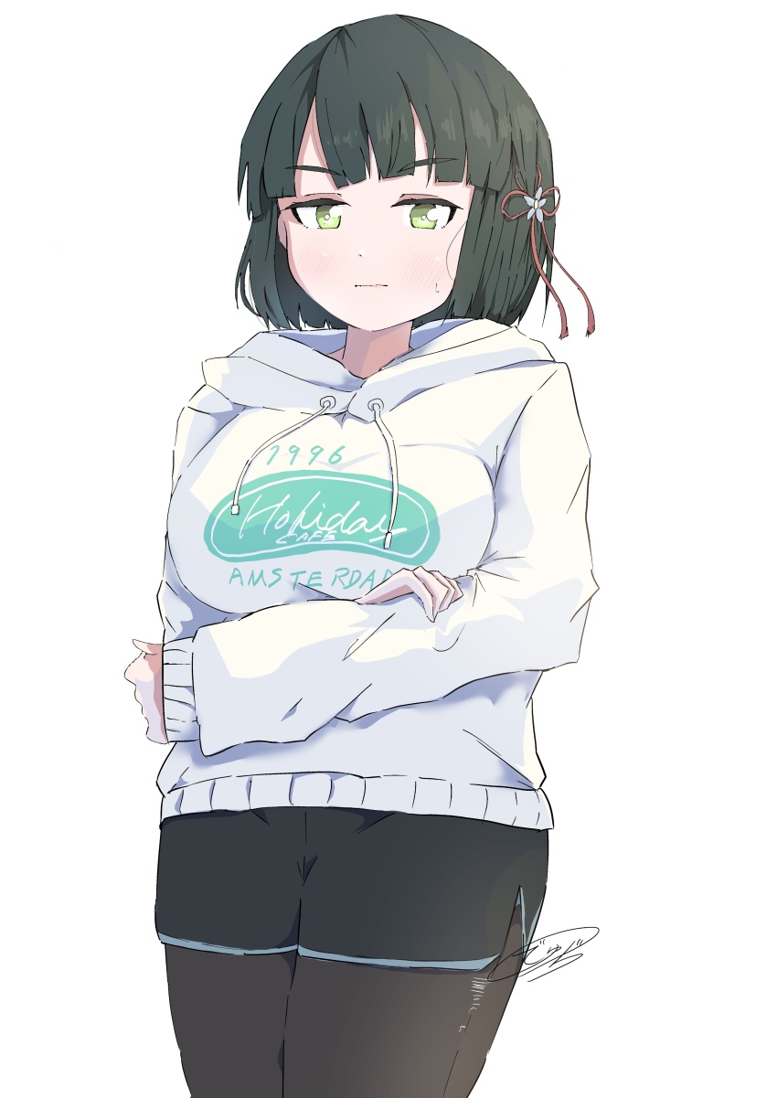 1girl :| absurdres black_hair black_pantyhose black_shorts blunt_bangs blunt_ends blush breasts closed_mouth dhuno_g drawstring flower green_eyes hair_flower hair_ornament hand_on_own_arm highres hood hoodie large_breasts link!_like!_love_live! long_sleeves love_live! momose_ginko momose_ginko_(summer_training_wear) official_alternate_costume pantyhose pantyhose_under_shorts print_hoodie short_hair shorts sideways_glance signature simple_background sleeves_past_wrists solo sweatdrop v-shaped_eyebrows virtual_youtuber white_background white_hoodie