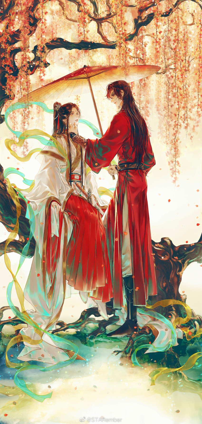 2boys absurdres black_boots black_hair boots branch chinese_clothes eye_contact facial_mark falling_petals flower forehead_mark from_side full_body hair_ornament hand_on_another&#039;s_face hanfu highres holding holding_sword holding_umbrella holding_weapon hua_cheng jewelry long_hair long_sleeves looking_at_another male_focus multiple_boys official_alternate_costume official_alternate_hairstyle oil-paper_umbrella petals ponytail profile red_hanfu red_skirt ribbon sash shawl sitting skirt smile standing starember sword tassel tassel_hair_ornament tianguan_cifu tree umbrella weapon white_hanfu wide_sleeves xie_lian xie_lian_(flower_crowned_martial_god) yaoi