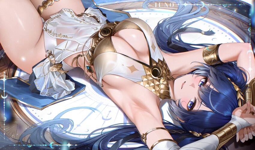1girl ancient_greek_clothes armlet armpits arms_up bare_shoulders blue_eyes blue_hair blush breasts character_name cleavage greco-roman_clothes highres iuno_(wuthering_waves) jewelry large_breasts long_hair looking_at_viewer lying on_back parted_lips re0n sideboob smile solo thighlet thighs twintails wuthering_waves