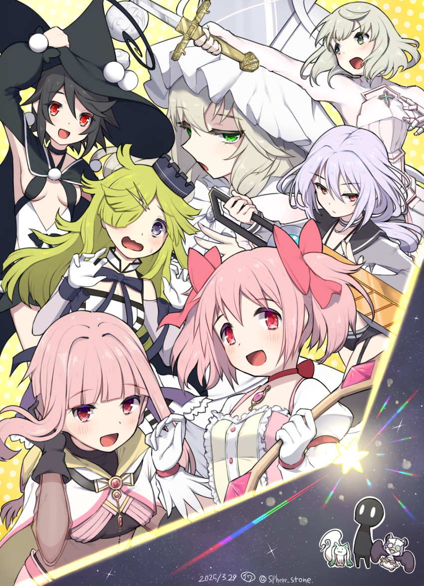 6+girls a-q_(madoka_magica) aki_mabayu amano_suzune arm_up black_gloves bow_(weapon) gloves highres holding holding_sword holding_weapon jeanne_d&#039;arc_(madoka_magica) kaname_madoka long_hair magia_record:_mahou_shoujo_madoka_magica_gaiden mahou_shoujo_kazumi_magica mahou_shoujo_madoka_magica mahou_shoujo_madoka_magica_magia_exedra mahou_shoujo_oriko_magica mahou_shoujo_suzune_magica mahou_shoujo_tart_magica medium_hair mikuni_oriko multiple_girls namae_(magia_exedra) nighthawk_(madoka_magica) open_mouth short_twintails sphere_stone sword tamaki_iroha twintails unsheathed weapon white_gloves