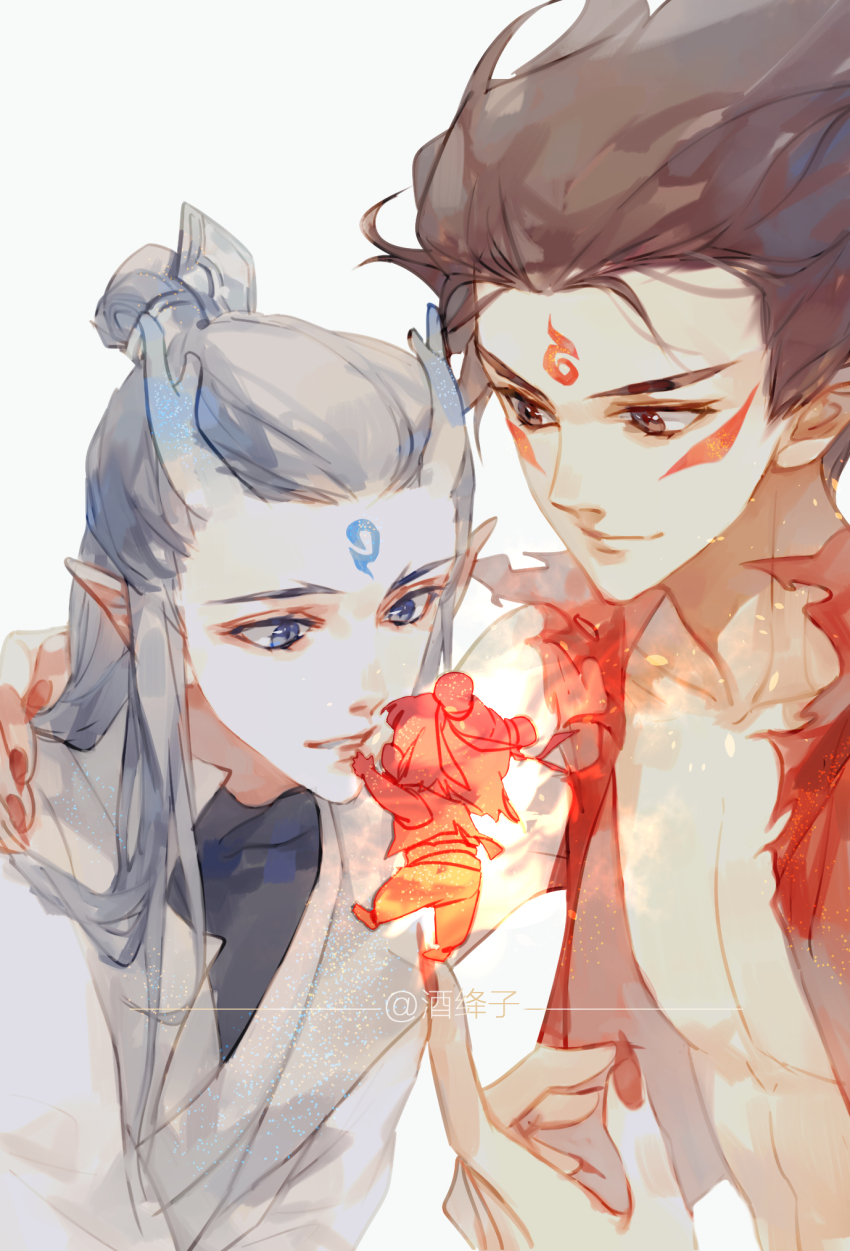 2boys ao_bing_(nezha_zhi_motong_jiangshi) black_hair blue_eyes brown_eyes dragon_boy dragon_horns facial_mark fingernails forehead_mark hand_on_another&#039;s_shoulder highres horns jiujiangzi_benren long_hair male_focus multiple_boys nail_polish nezha_(nezha_zhi_motong_jiangshi) nezha_zhi_motong_jiangshi open_clothes pointy_ears red_nails simple_background smile upper_body watermark white_background yaoi