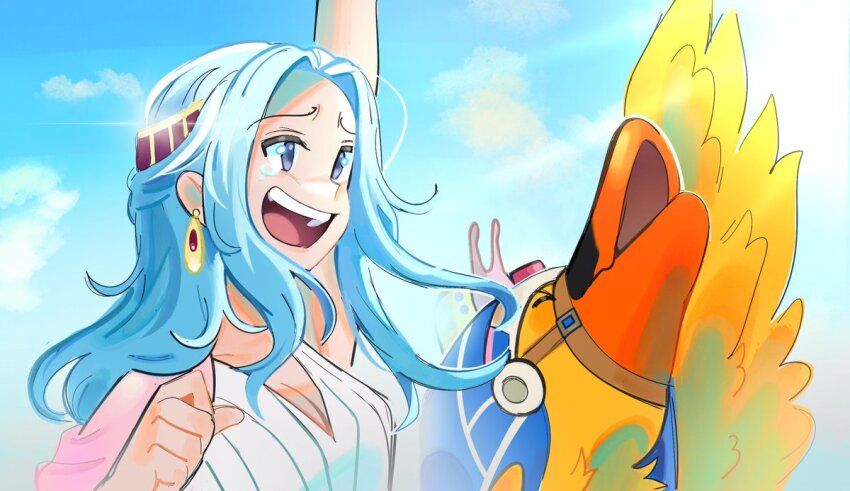 1girl animal bird blue_hair blue_sky clenched_hand cloud commentary_request crying crying_with_eyes_open dress duck earrings glint hat headband jewelry karoo_(one_piece) light_blue_hair long_hair looking_ahead nefertari_vivi one_piece open_mouth sidelocks sky spicynred tears upper_body white_dress