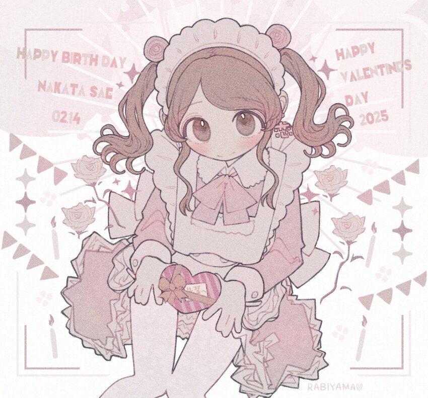 1girl alternate_costume amagami apron artist_name blush box brown_eyes brown_hair dress enmaided frilled_apron frills gift gift_box happy_birthday heart-shaped_box highres holding holding_gift kanji_earrings long_sleeves looking_at_viewer maid maid_apron maid_headdress medium_hair nakata_sae pantyhose pink_dress rabiyamarabi sitting solo twintails valentine white_apron white_pantyhose