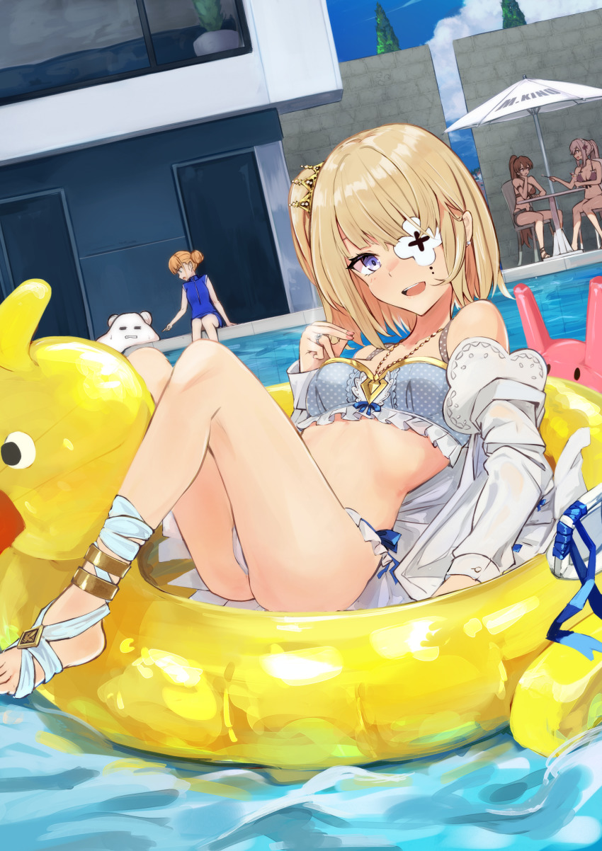 4girls :d anklet ass azur_lane bare_shoulders beach_umbrella bikini blonde_hair blue_bikini blue_eyes blue_one-piece_swimsuit blue_sky blush breasts brown_hair building chair cloud collarbone crown_hair_ornament day dunkerque_(azur_lane) dunkerque_(summer_sucre)_(azur_lane) eyepatch feet floating flower_eyepatch frilled_bikini frills hair_ornament highres inflatable_toy innertube jacket jean_bart_(azur_lane) jean_bart_(private_apres_midi)_(azur_lane) jewelry le_malin_(azur_lane) le_terrible_(azur_lane) le_terrible_(sunlight_seaspray_and_sanctity)_(azur_lane) le_triomphant_(azur_lane) legs long_hair long_sleeves looking_at_viewer lounge_chair lying marshall_k medium_breasts medium_hair multiple_girls necklace off_shoulder official_alternate_costume one-piece_swimsuit one_eye_covered one_side_up open_clothes open_mouth open_shirt outdoors parasol polka_dot polka_dot_bikini pool purple_eyes reclining ribbon ring sandals shirt sitting sky small_breasts smile solo_focus swim_ring swimsuit teeth thighs toes tree umbrella water white_shirt