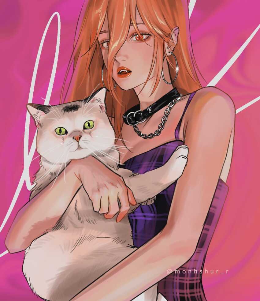 1girl breasts can chain chain_leash chainsaw_man cleavage commentary dress earrings facebook_username hair_between_eyes hair_over_one_eye highres holding holding_can hoop_earrings jewelry leash long_hair long_hair_between_eyes meowy_(chainsaw_man) monhshur_r open_mouth orange_hair pink_background plaid_clothes plaid_dress power_(chainsaw_man) purple_dress red_eyes small_breasts teeth upper_body upper_teeth_only
